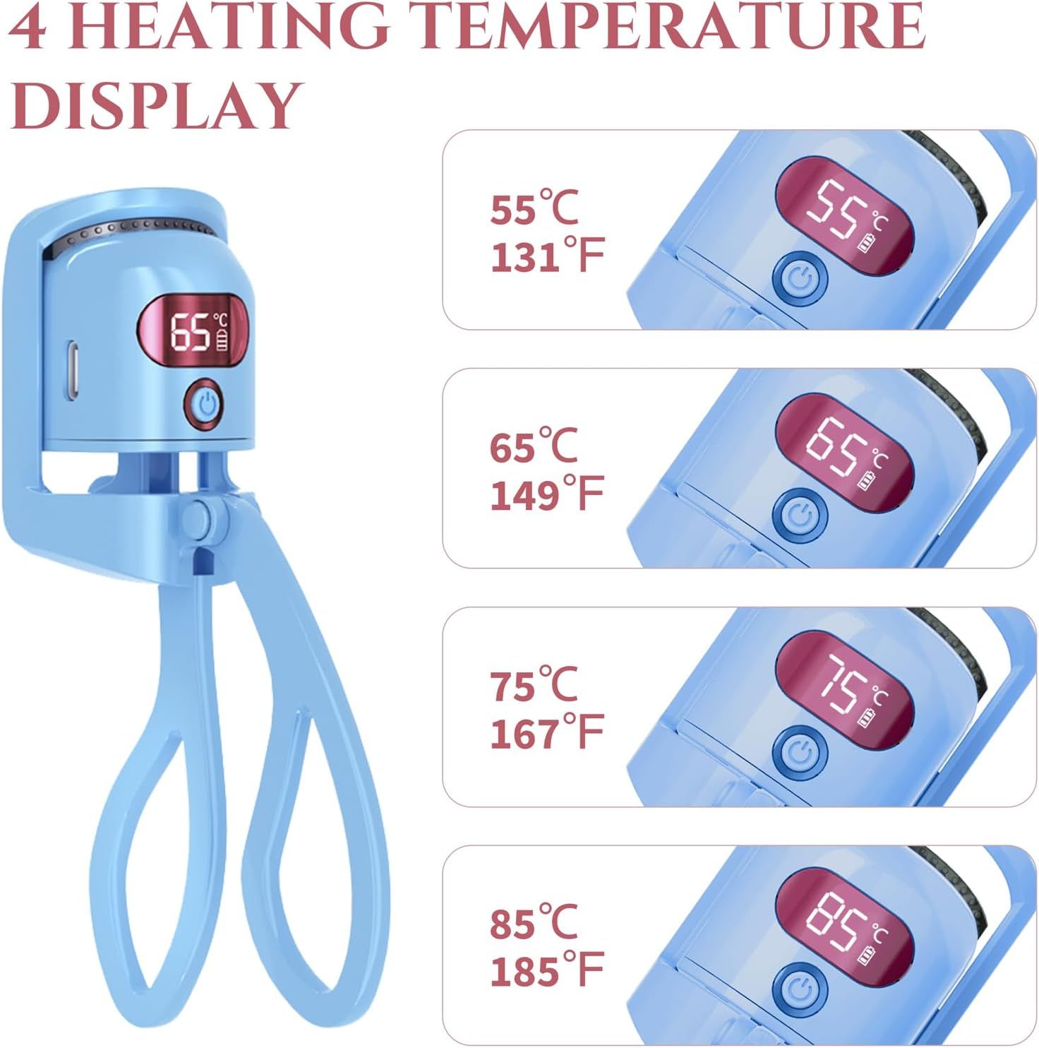 Heated Eyelash Curler, 4 Heating Temperature Display Heated Lash Curler Rechargeable, for Long-Lasting Curled Lashes (Blue)