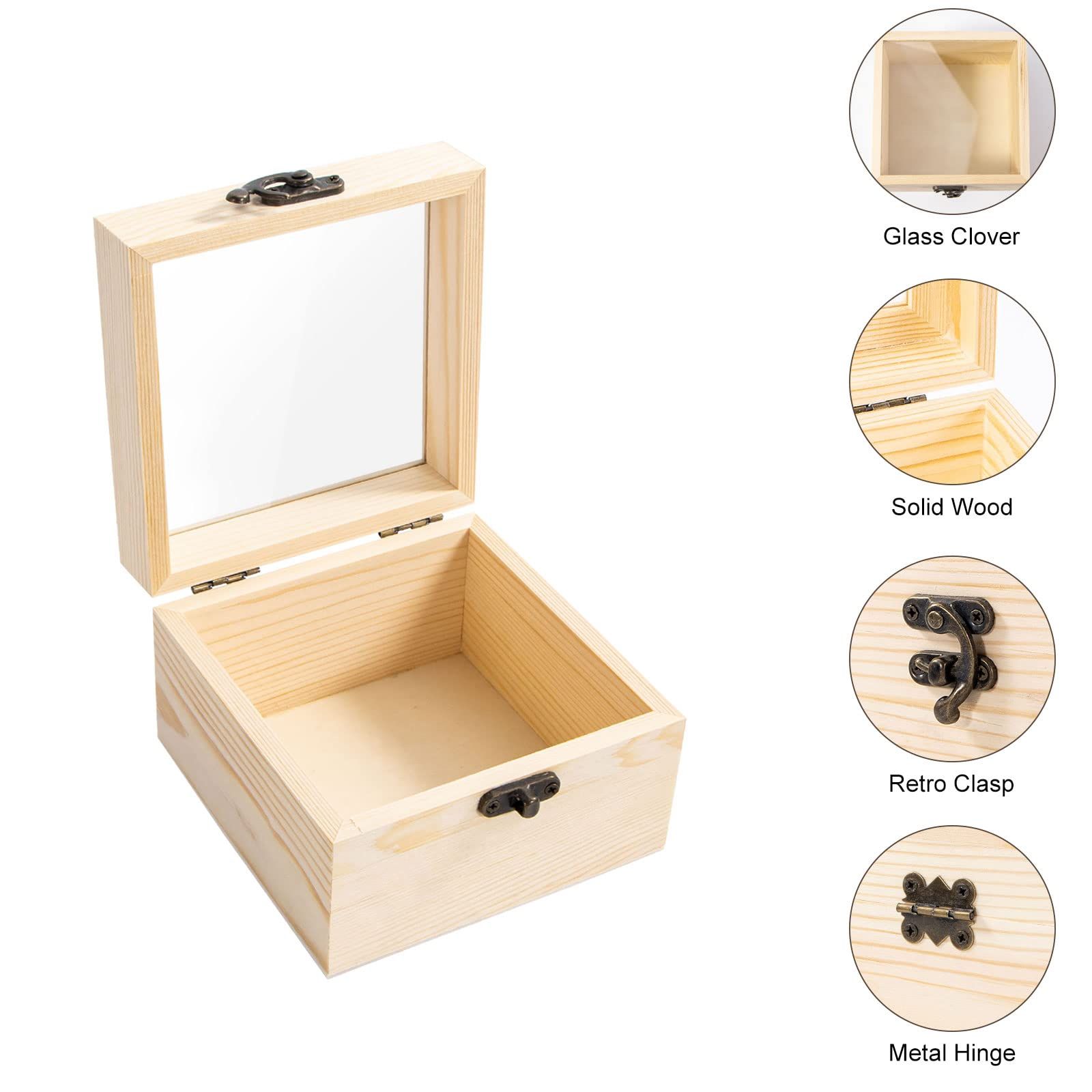 2Pcs Small Wooden Box with Hinged Lid, 4.7'' x 3.1'' Unfinished Wood Box with Glass Lid, Small Wooden Jewelry Box for Gift โ image 2