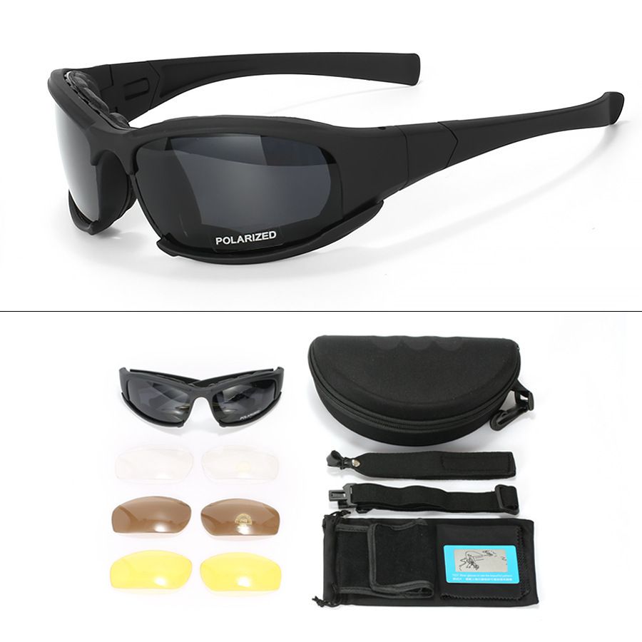 Black Tactical Protection Goggles with Storage Box and Elastic Straps (Polarized 4-Lens Set) - Windproof, Dustproof, UV Protection for Cycling, Tactical