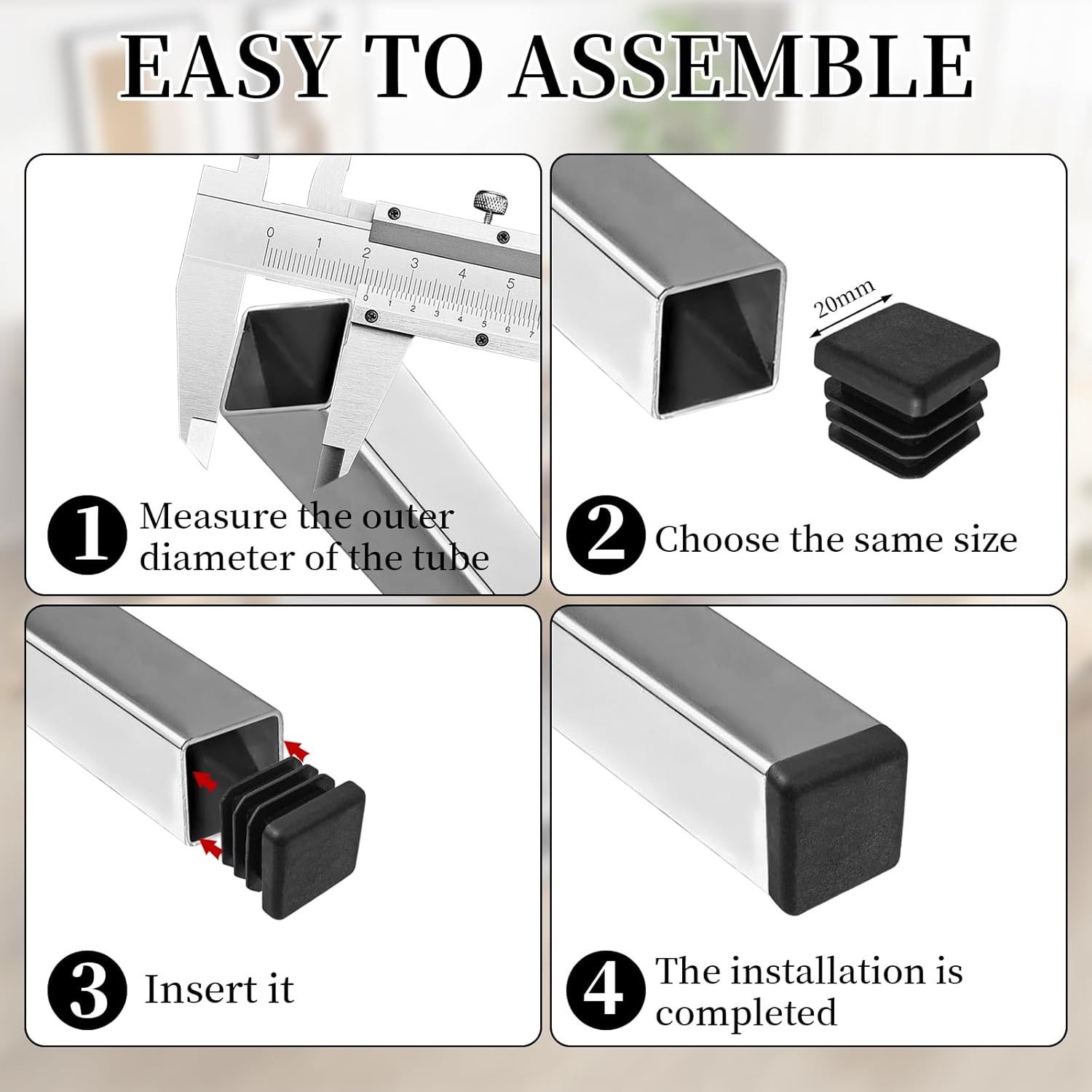 30 Pack Square Tube Insert Caps, Plastic Furniture and Chair Leg End Plugs for Square Tubing, Black, 20 × 20 mm — image 5