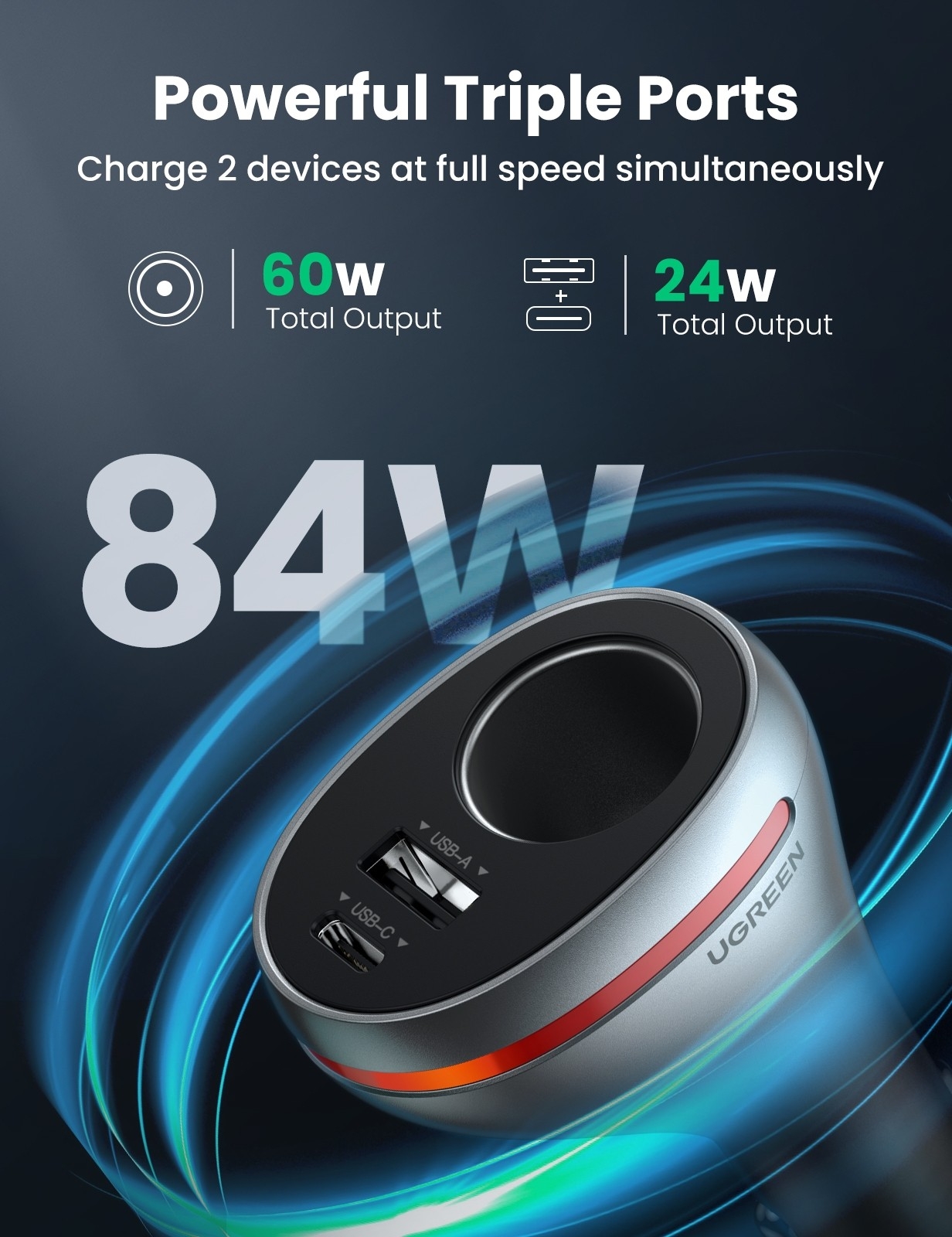 UGREEN 60712 84W Dual Port Car Charger (Space Grey) — image 3