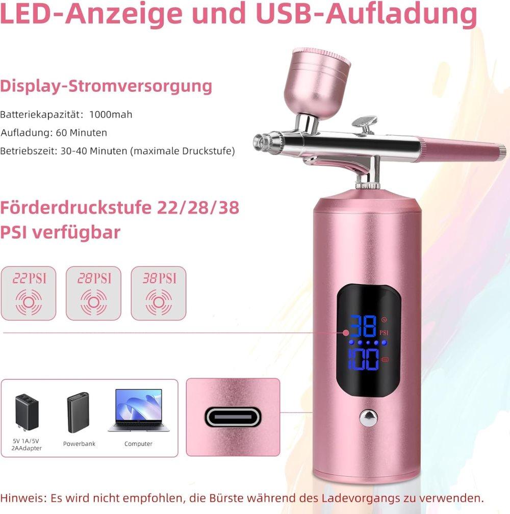 Wireless Airbrush Machine with USB Charging 3 Speed Modes for Nail Art Cake Decorating and Painting, Pink — image 4
