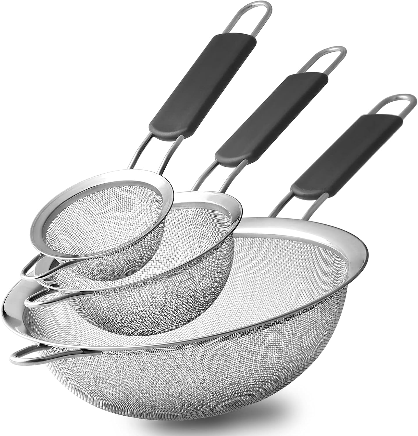 Stainless Steel Fine Mesh Strainers, Set of 3 Sizes Strainer for Kitchen, Wire Sieve with Insulated Handle Kitchen Strainer, Baking Tools Colander, Food