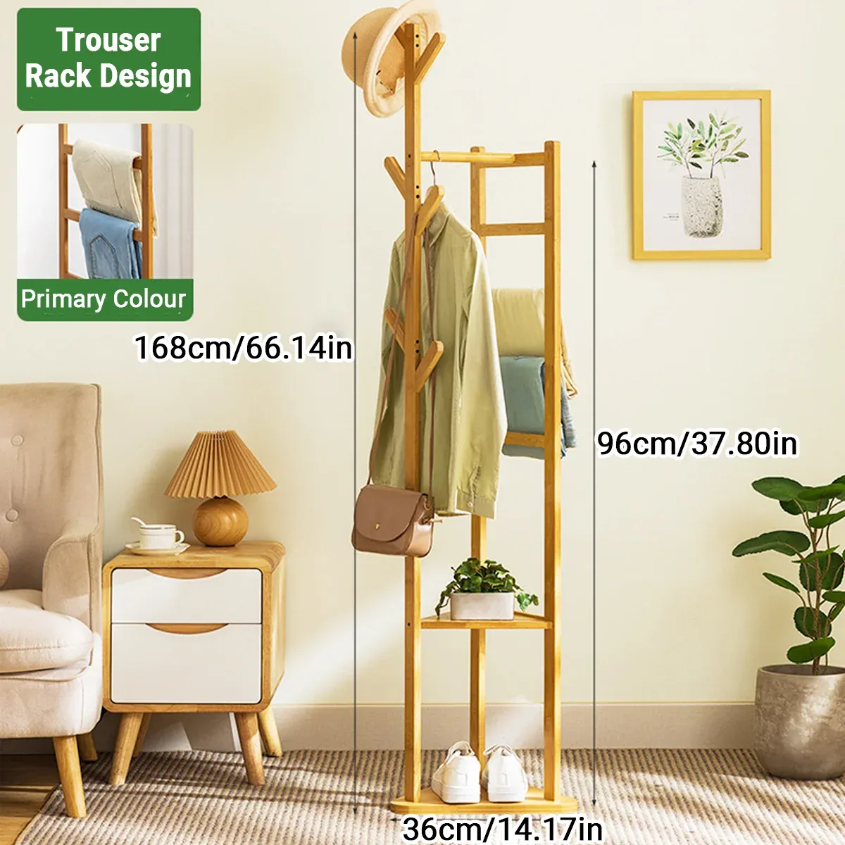 Simple Bamboo Standing Clothes Rack with 6Hooks Freestanding Garment Organizer — image 3