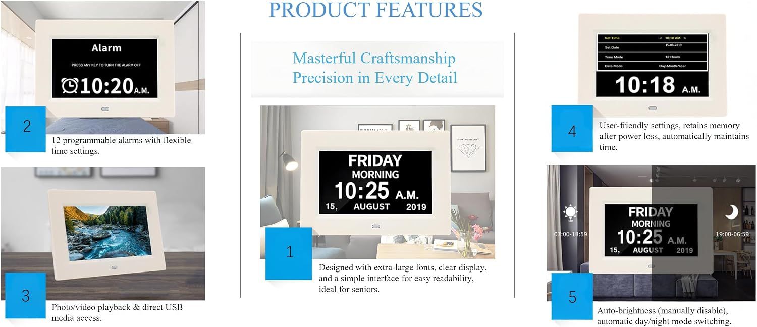 7" Large Display Digital Clock with Detailed Time & Date, Multiple Alarm Reminders,Language Options,Plug-in operation,Designed specifically for the — image 3