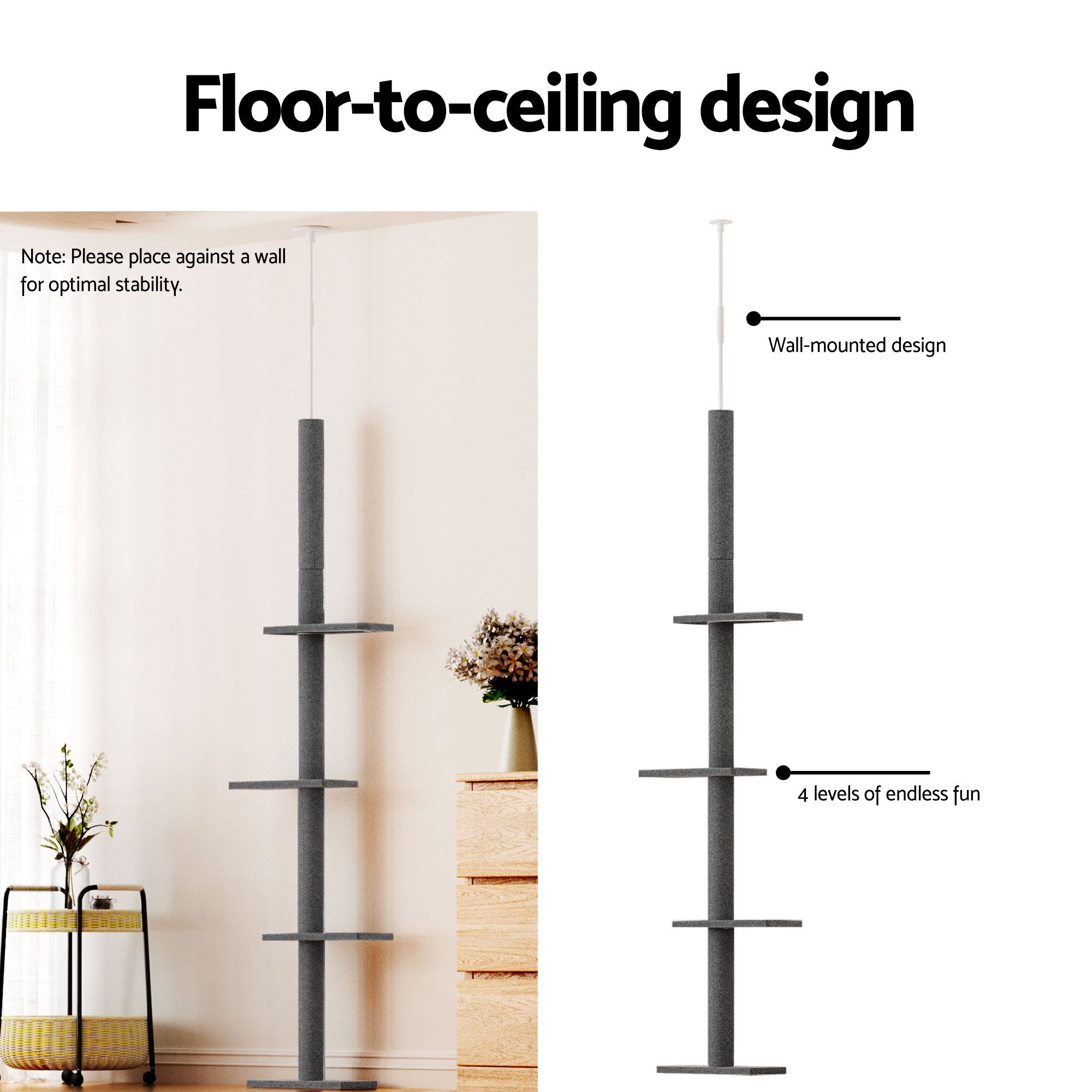 i.Pet Cat Tree 290cm Tower Scratching Post Scratcher Floor to Ceiling Cats Bed Grey — image 4