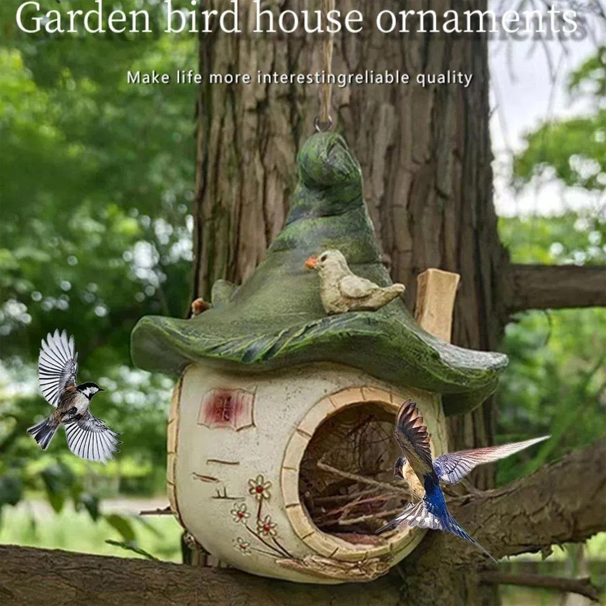 Cartoon Hanging Birdhouse Cozy Nest Resin Garden Outdoor Tree Patio Decor — image 4