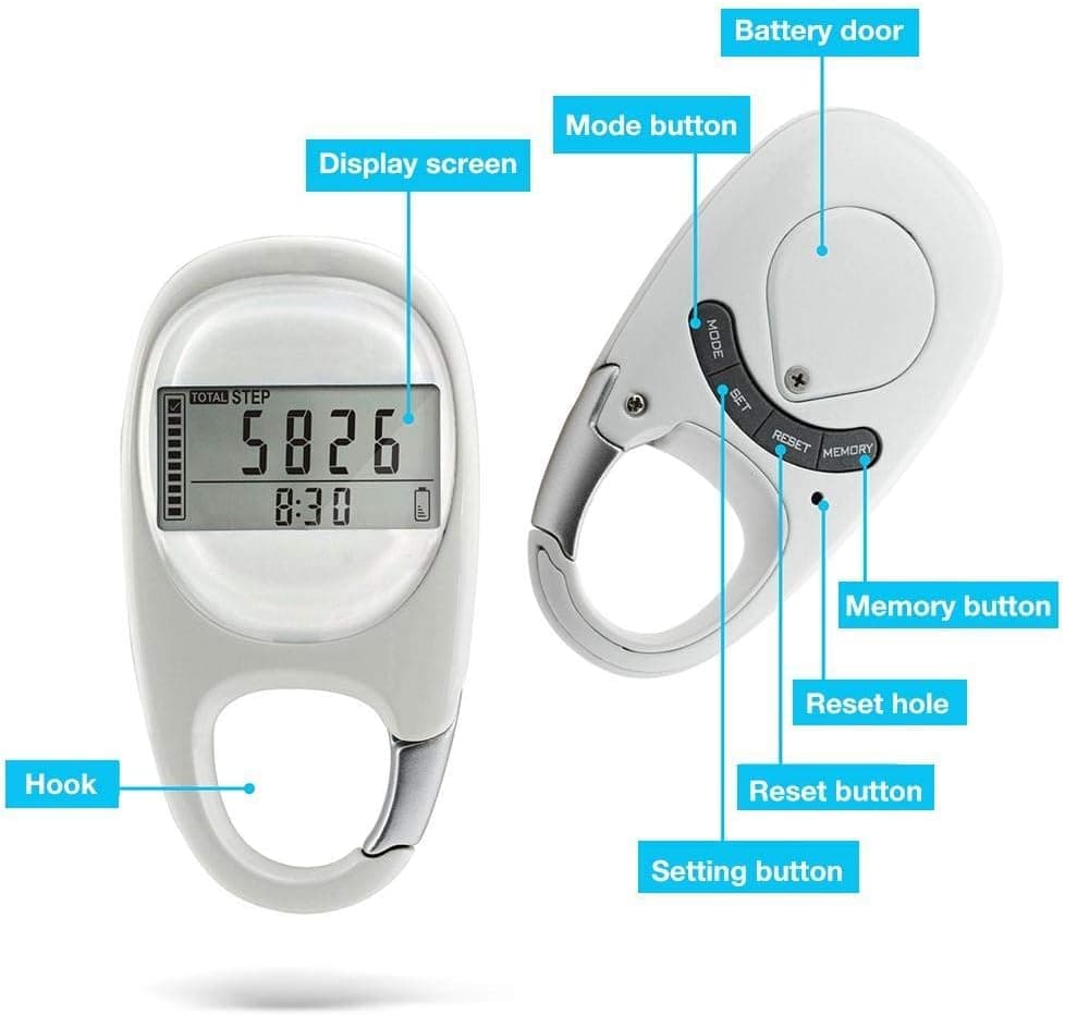 3D Pedometer with LED Display for Running and Walking, Portable Step Counter with Climbing Carabiners, White — image 5