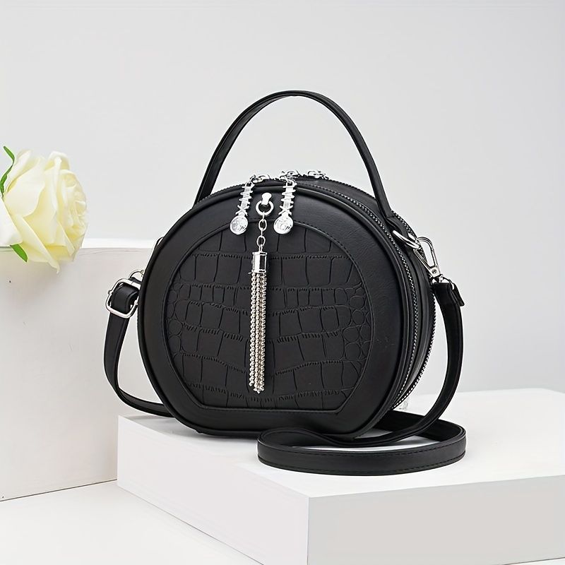 Ladies Handbag Round Handbag Croc-Embossed Handbag Tassel Handbag High-Quality - Beige - Size L — image 4