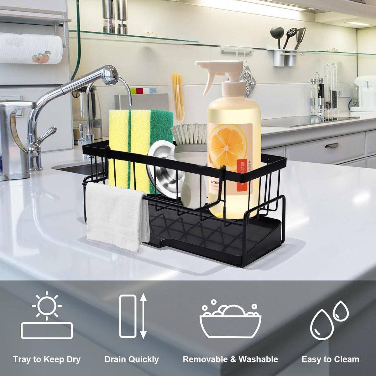 Sponge holder and organizer for sink - Draining rack and soap dish with brush holder - Kitchen storage accessories - Grey — image 5