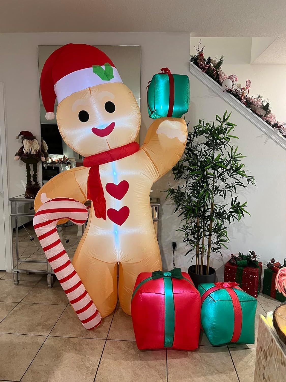 8FT/2.4m Lighted Inflatable Gingerbread Man Christmas Decoration with Candy Cane & Gift Boxes, Outdoor Indoor Holiday Yard Lawn Display with Built-in LED — image 4