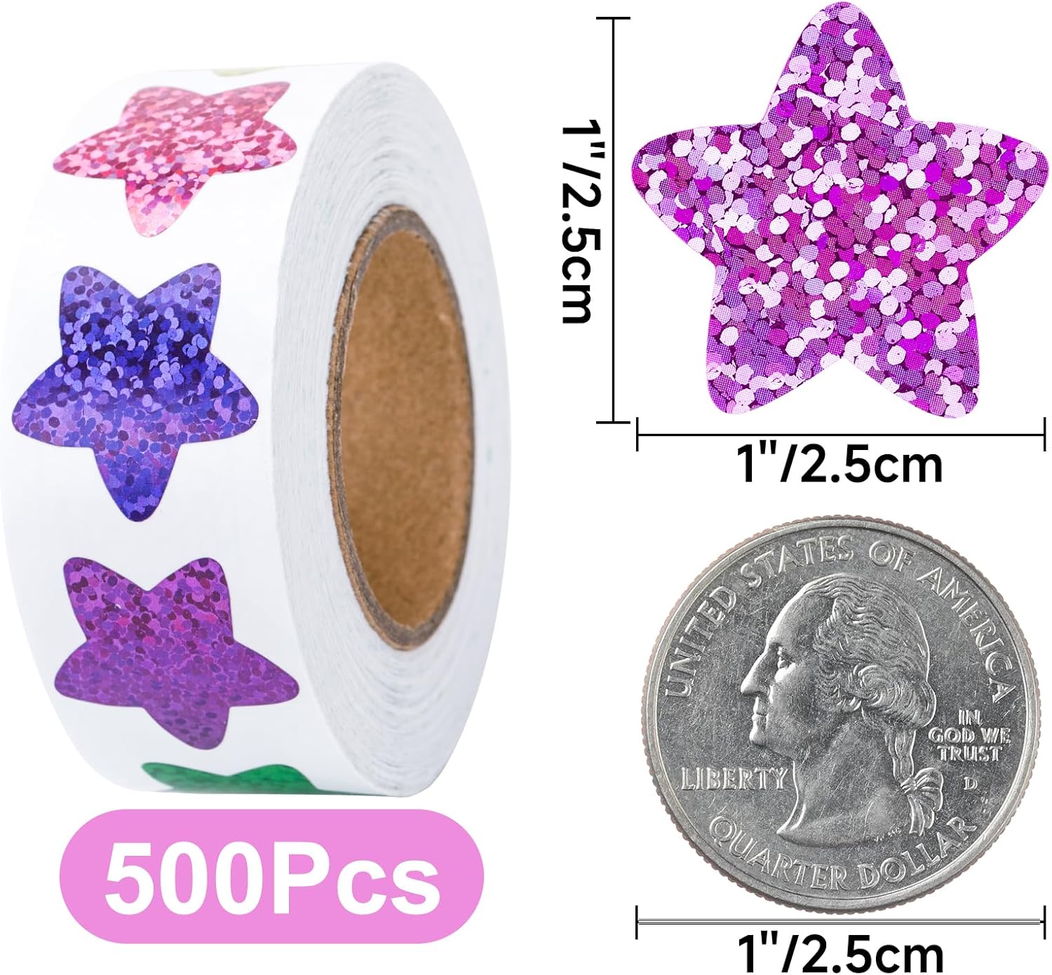 Star Stickers - 500Pcs 1Inch Glitter Star Stickers for Kids Reward Self Adhesive Foil Shiny Stars Shaped Sticker Stars Incentive Sticker Roll for Envelope Seal โ image 2