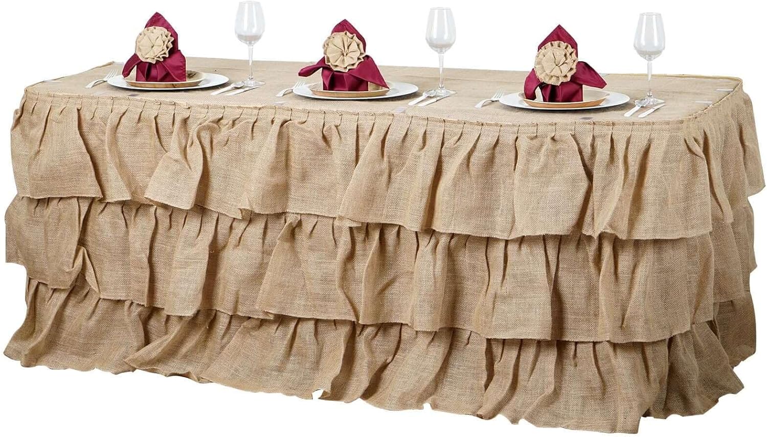Efavormart 3 Tier Rustic Elegant Ruffled Burlap Table Skirt for Kitchen Dining Catering Wedding Party Decorations Events - 14 Ft โ image 3