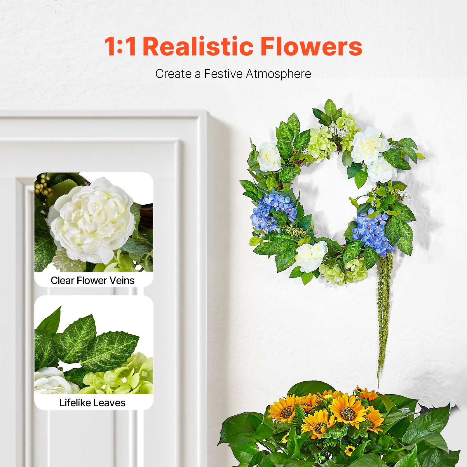 Artificial Decorative Wreath 58.42 cm Blue White Green Hydrangeas Roses — image 2
