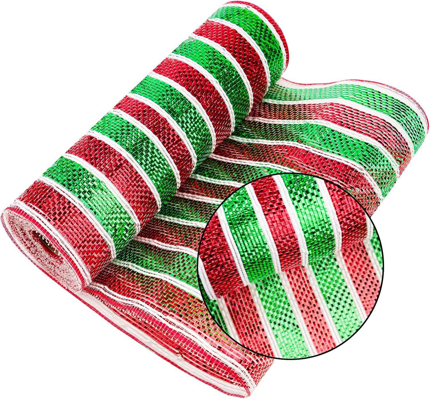 Red and Green Mesh Ribbon - 10 Inch Metallic Foil Stripe Decor for Christmas Tree, Wreaths, DIY Crafts, Valentine's Day β image 3