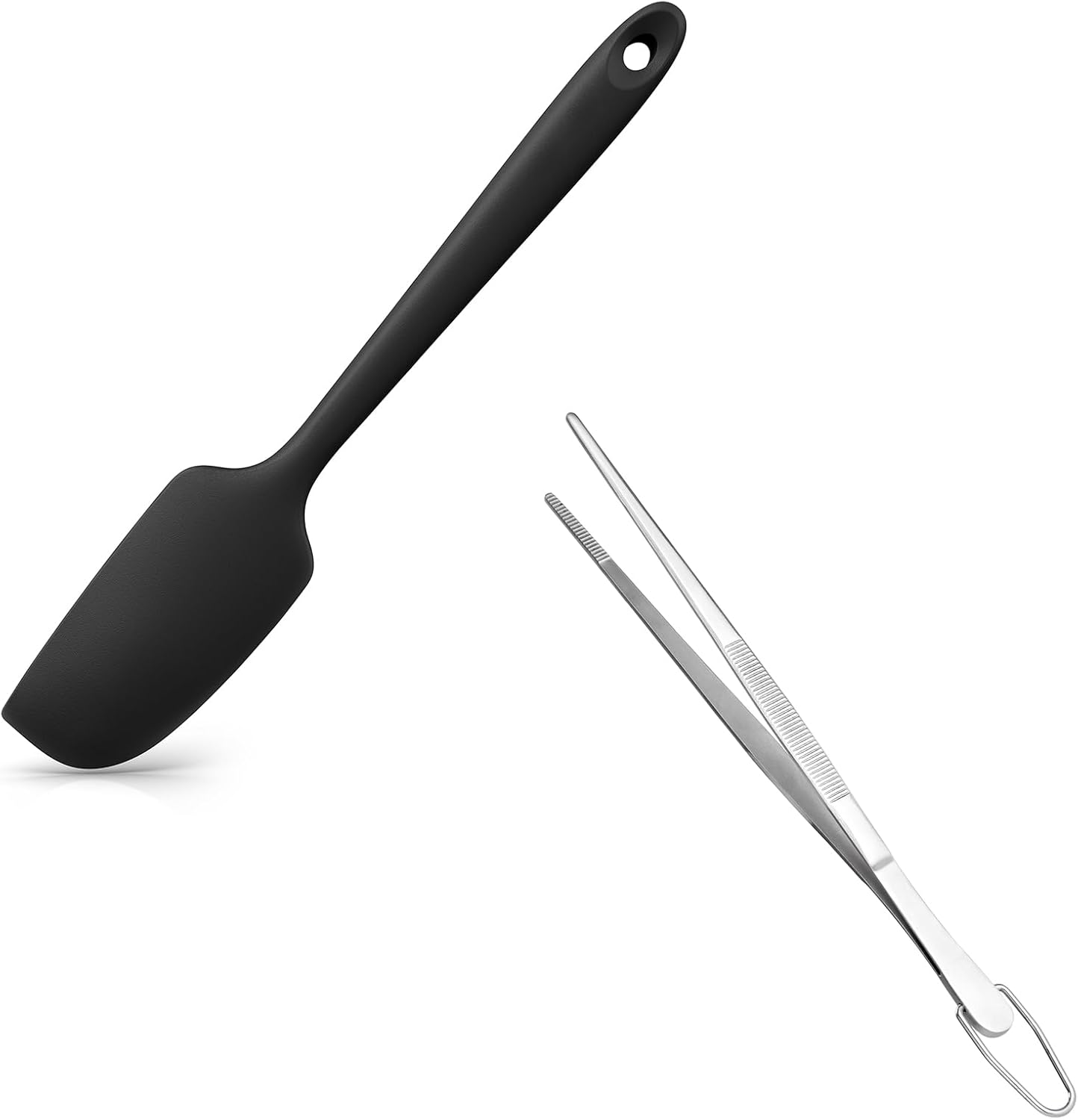 Small Mini Silicone Spatula: 9Γ2inch 600ΒΊF Heat-Resistant Food-Grade Jar Scraper (Black) and 8in Kitchen Plating Tweezer: 18/8 Stainless Steel Food-Grade Metal