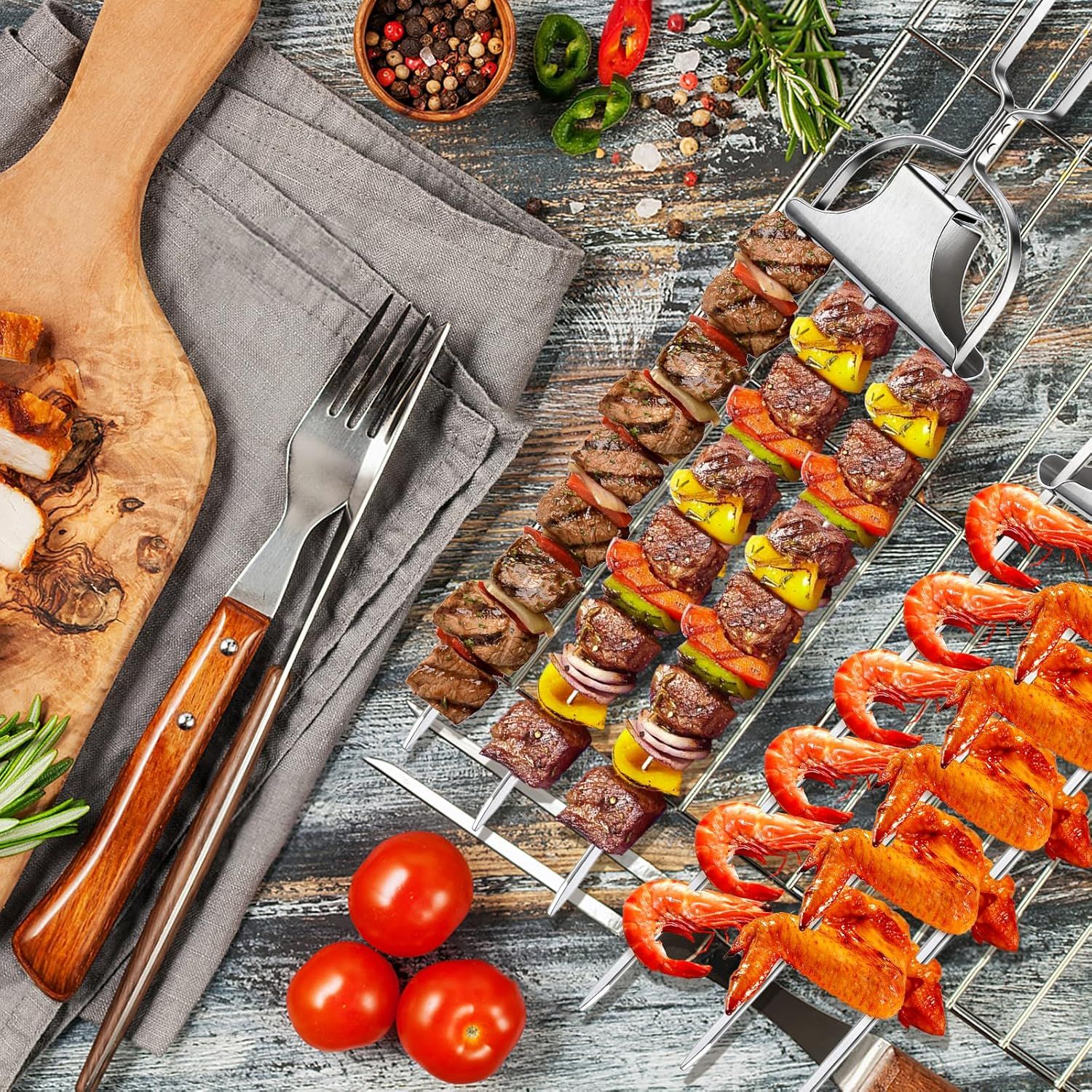 Skewers for kabobs,4-PCS 14 Inch 3-Prong Kabob Skewers for Grilling,Stainless Steel Skewer,With Push Bar Reusable Metal Skewer,Kabob Sticks,Perfect For โ image 5