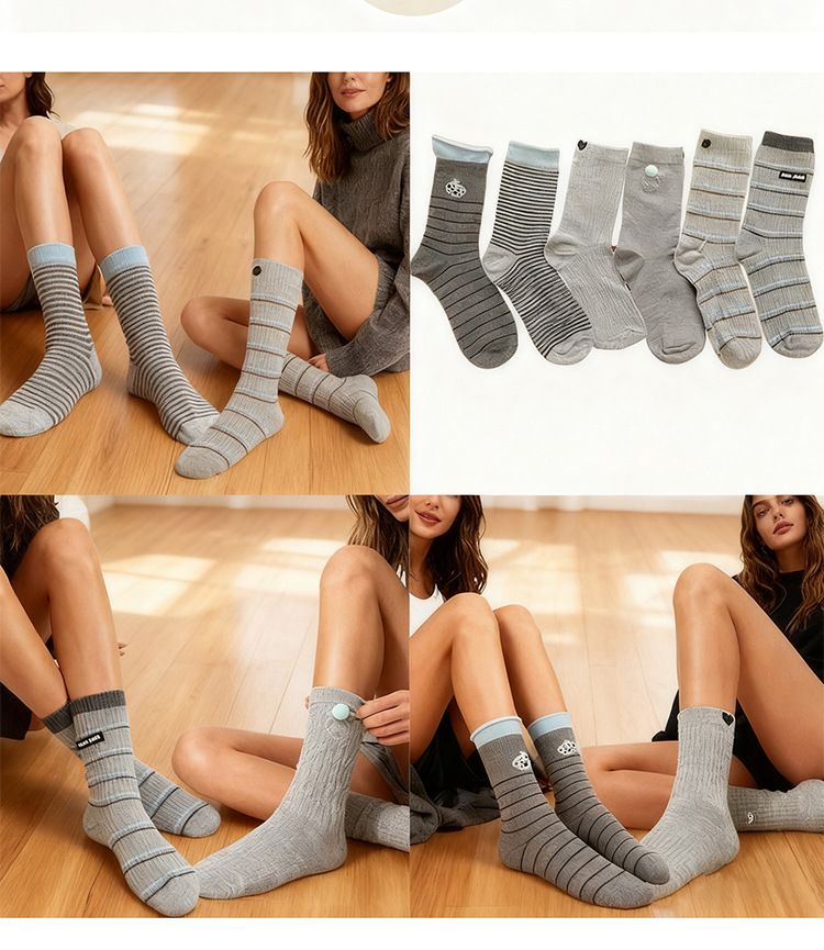 Unisex Grey Mid-Calf Socks, Preppy Collegiate Style with Stripes, Hearts and Button Details, 3 Pairs โ image 2