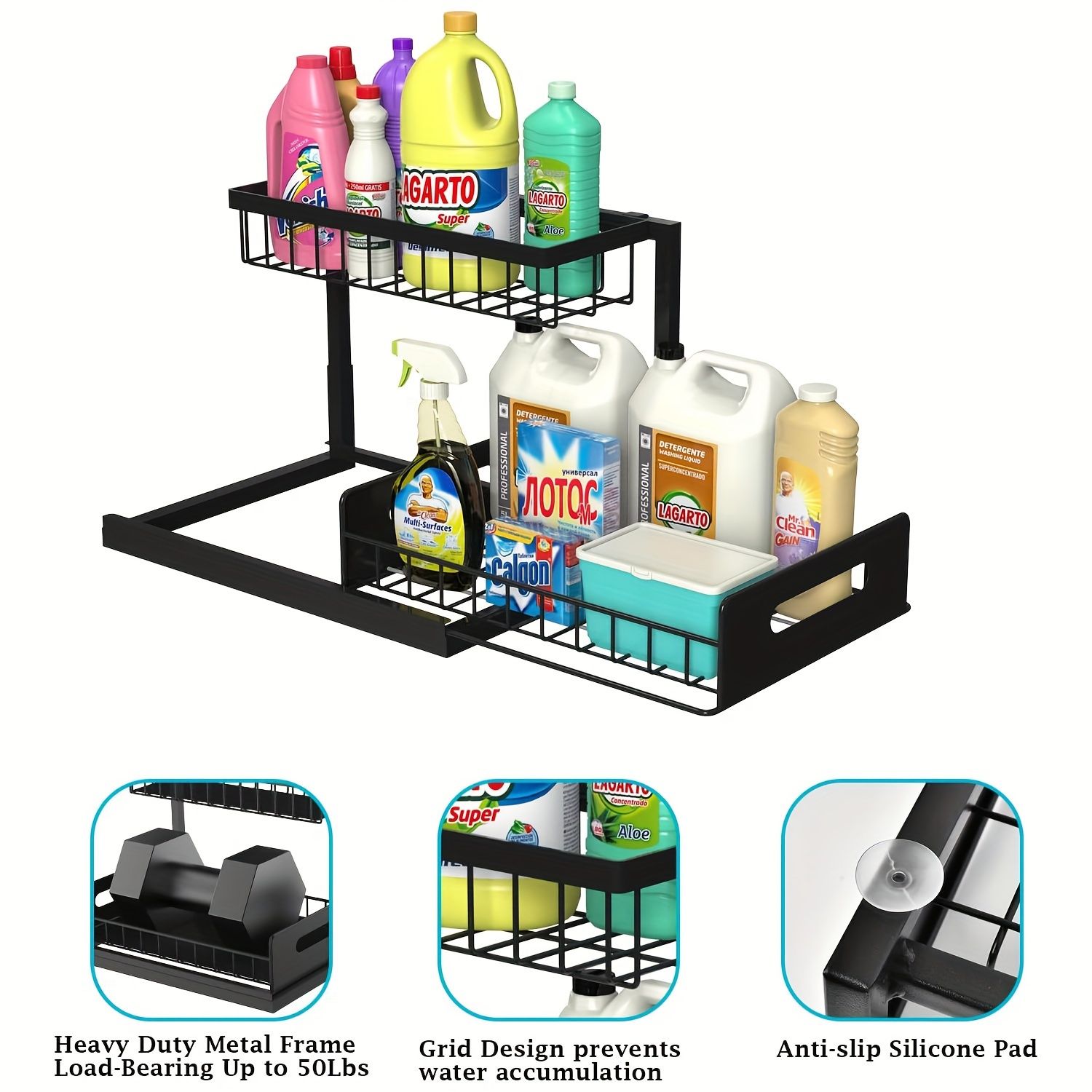Kitchen sink storage box, pull-out cabinet storage box 2-layer sliding sink rack cabinet storage rack, kitchen bathroom cabinet sink drain storage pull-out — image 5