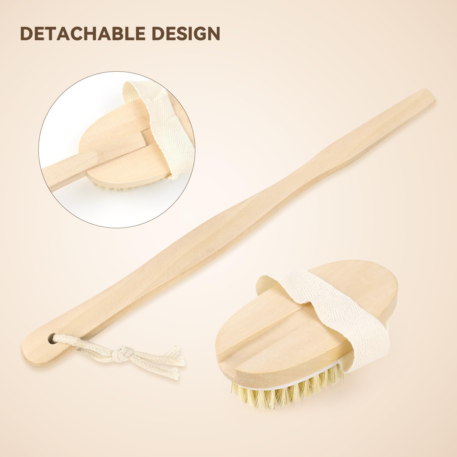 2 Pack Detachable Bath Bristle Brush, Wood Long Handle Dry Brushing Body Brush for Shower โ image 3