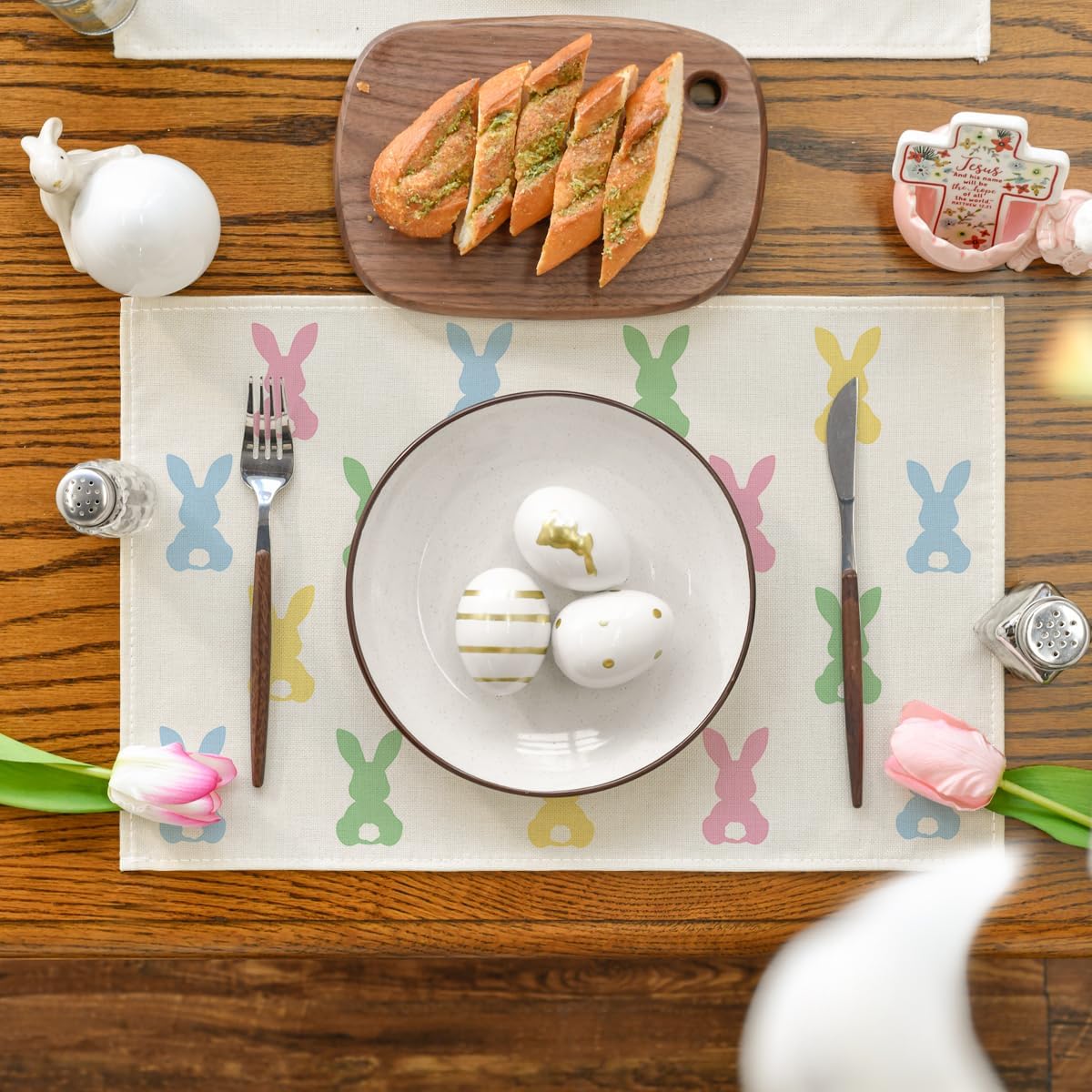 Colorful Bunny Rabbit Easter Placemats Set of 4, 12x18 Inch Seasonal Table Mats for Party Kitchen Dining Decoration โ image 2