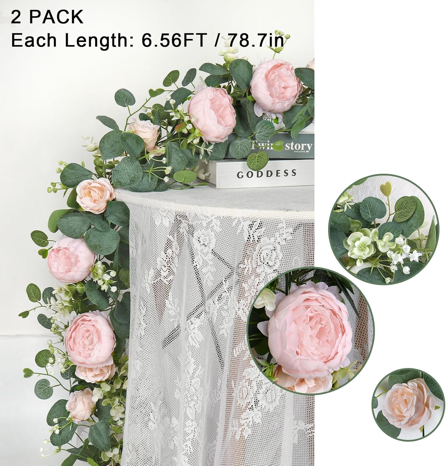 2 Pack 13FT Flower Garland, Artificial Rose Vine Fake Flower Garland Silk Rose Peony Hanging Vine Faux Floral Garlands for Wedding Party Arch Table Wall — image 4