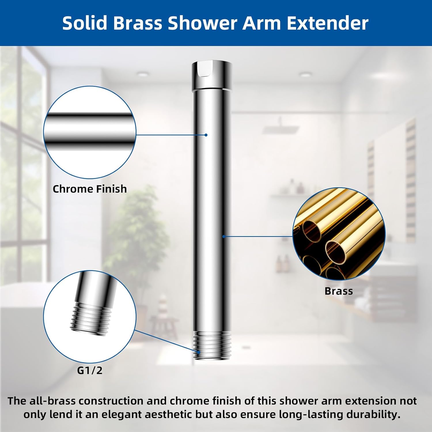 All Metal 6 Inch Shower head Extension, Solid Brass Shower Arm Extension shower Head Extender, Water Outlet Lowers Existing Shower Head Shower Pipe Extension — image 2