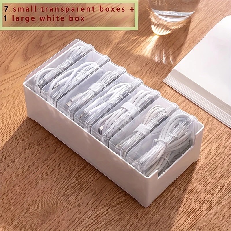 Transparent cable organizer, 7 small + 1 large combo design. Lightweight and durable, stores data cables and chargers, keeps desktop tidy. Ideal storage