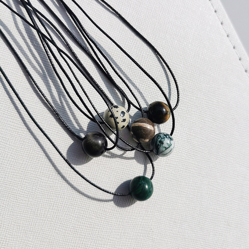 6-piece Vintage Geometric Natural Stone Bead Pendant Necklace Adjustable Black Rope Collarbone Chain Unisex Boho Jewelry Gift — image 3