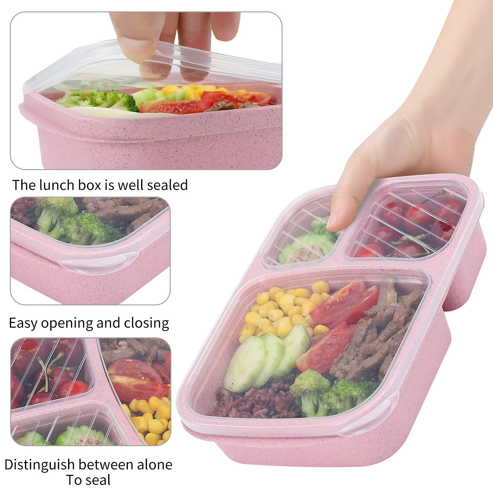 4 Pack Bento Lunch Box Compartment Wheat Straw Meal Prep Food Storage Containers Plastic, Microwave and Dishwasher Safe — image 2