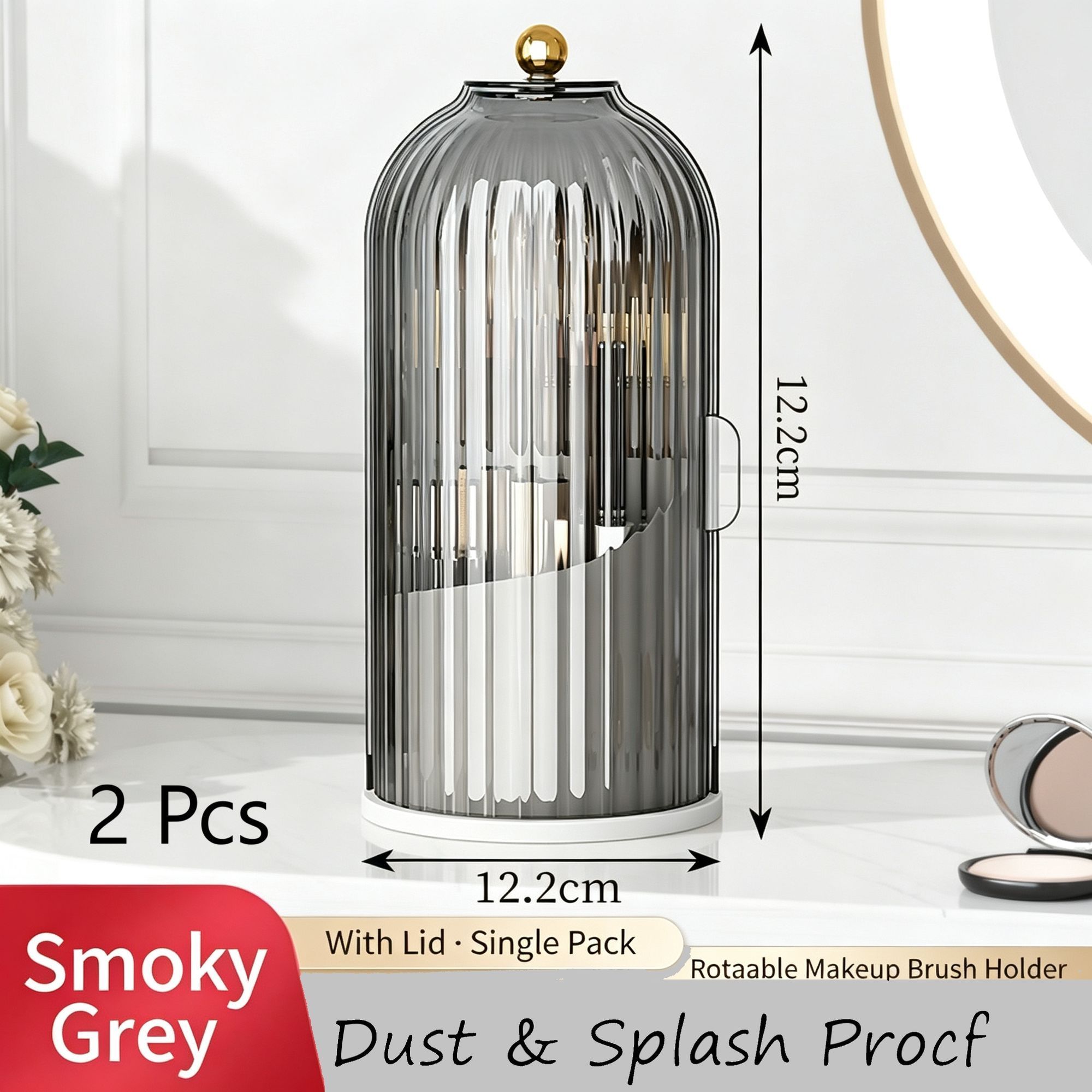 Rotatable Birdcage Vanity & Desktop Organiser, Dustproof Compartment Storage for Cosmetics, Stationery, Toothpaste, Knives, Forks & Spoons, Transparent Grey, 2