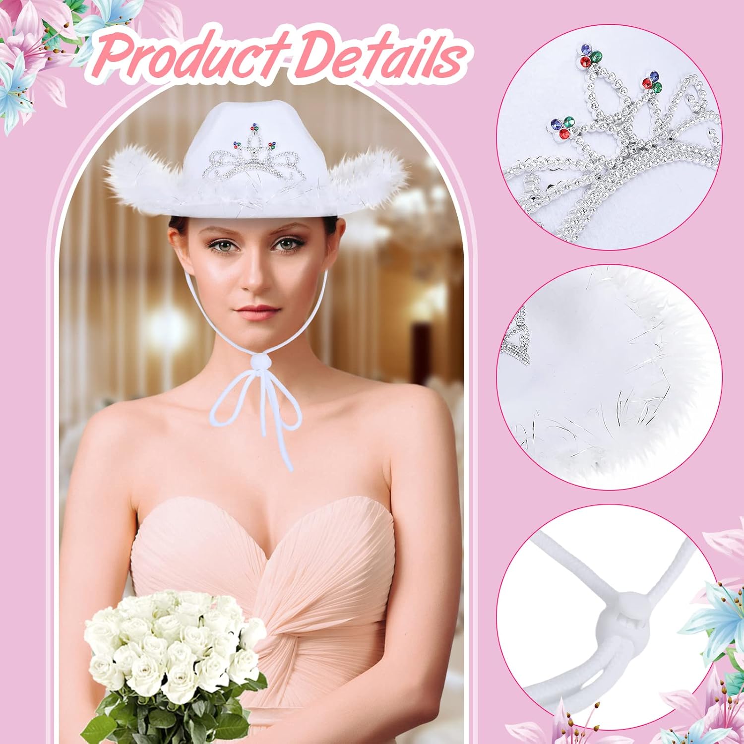 6 Pack Women Cowgirl Cowboy Hats with Feather Western Hat for Bachelorette Bridal Wedding Party Costume Dress up โ image 3