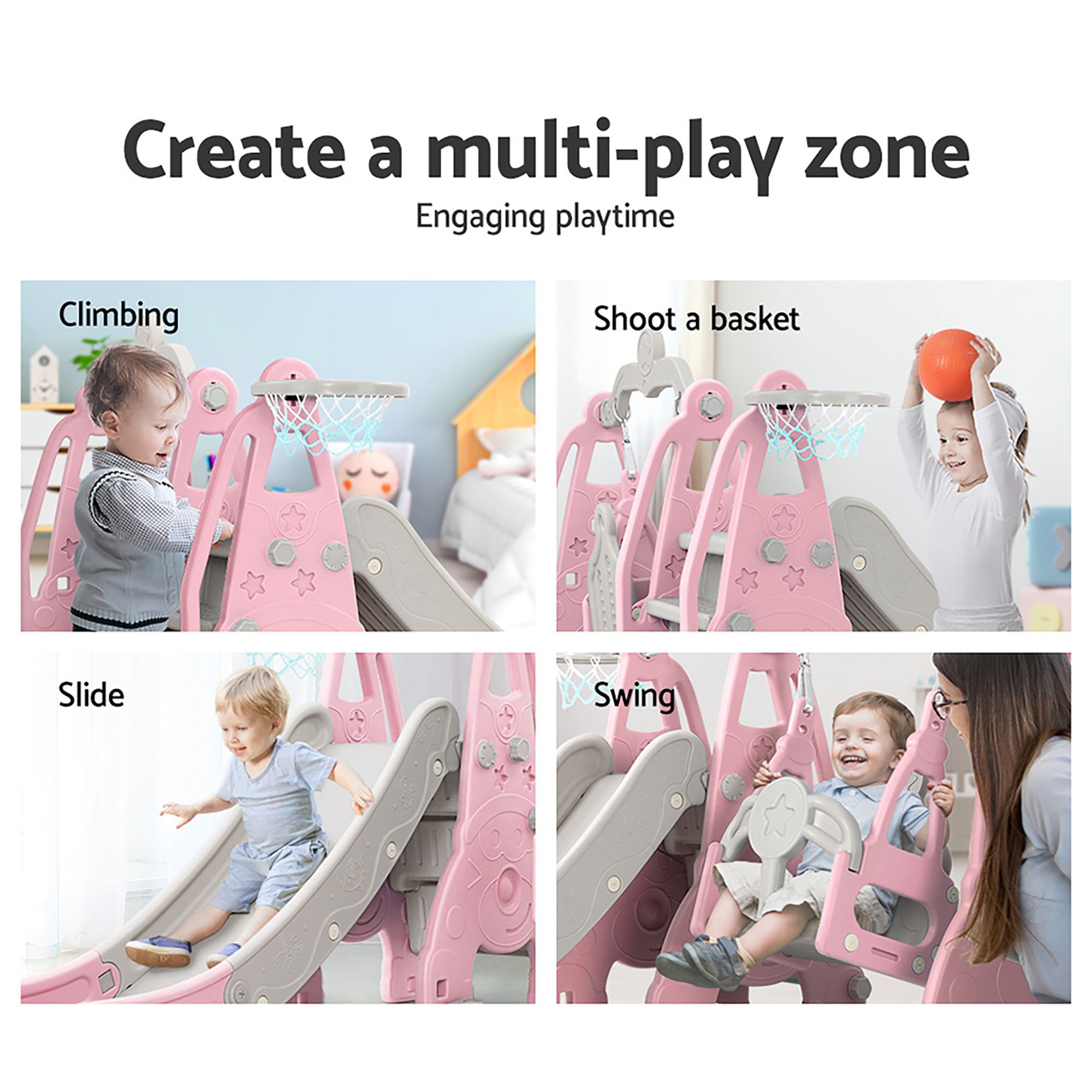 Keezi Kids Slide Swing Set Basketball Hoop Outdoor Playground Toys 170cm Pink — image 4