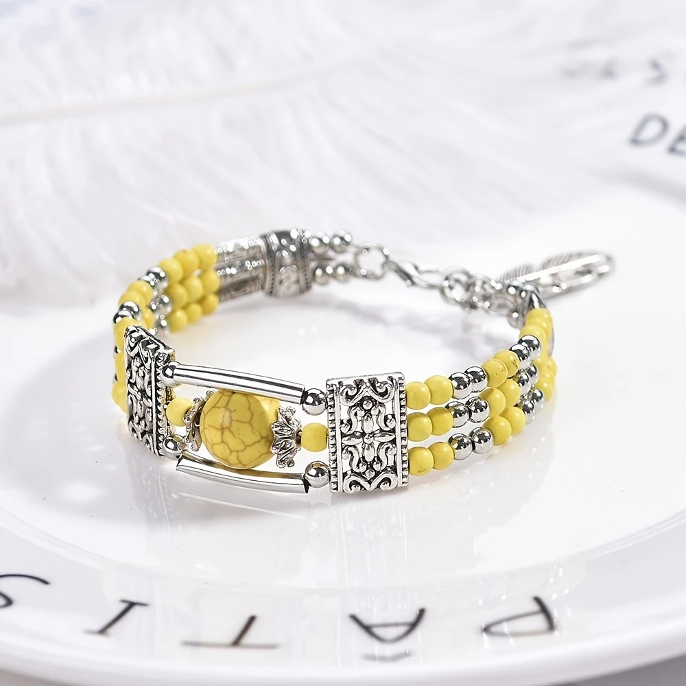 2PCS Ethnic-style Vintage Open Bracelet, Turquoise Beads with Silver Carved Accents, Bohemian Exotic Charm, a Personalized Accessory for Daily and Travel โ image 2