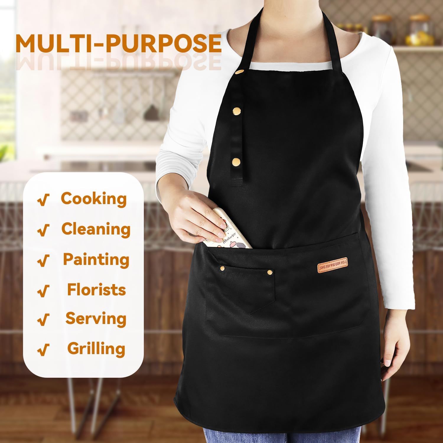 Waterproof Canvas Kitchen Apron with Adjustable Neck Strap and Front Pocket, Cooking and BBQ Apron for Adults, Black, 64.8 x 71.1 cm โ image 6