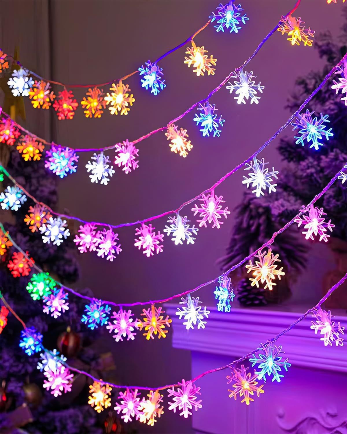 Christmas Lights Multicolor LED Multi Colored Snowflake String Lights Battery Operated Colorful Fairy Light for Bedroom Party Home — image 5