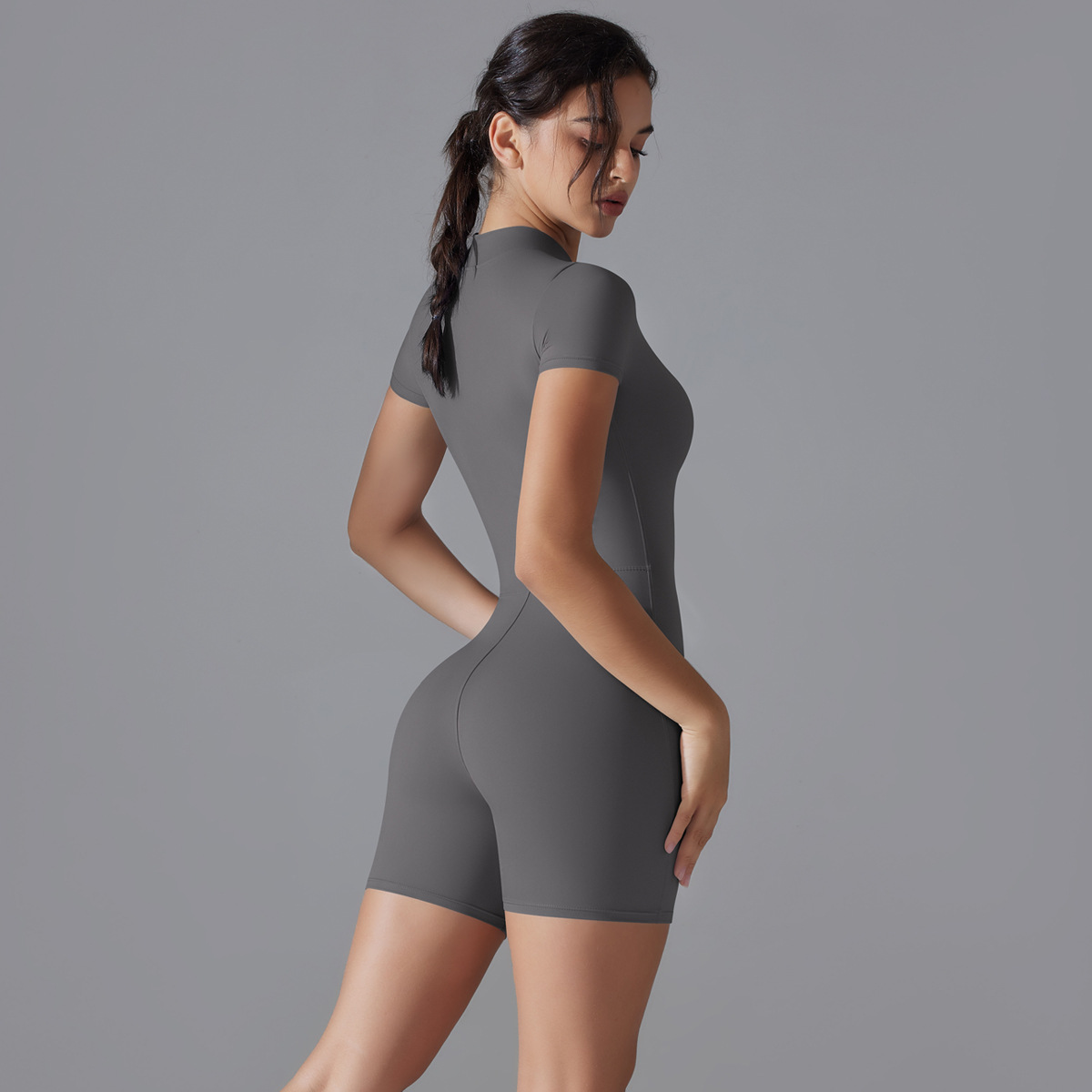 Dark Grey Size XL Women's Summer Zip-Up Bodysuit - Short Sleeve, High Stretch Yoga & Dance Outfit, Breathable Fitness Wear โ image 4