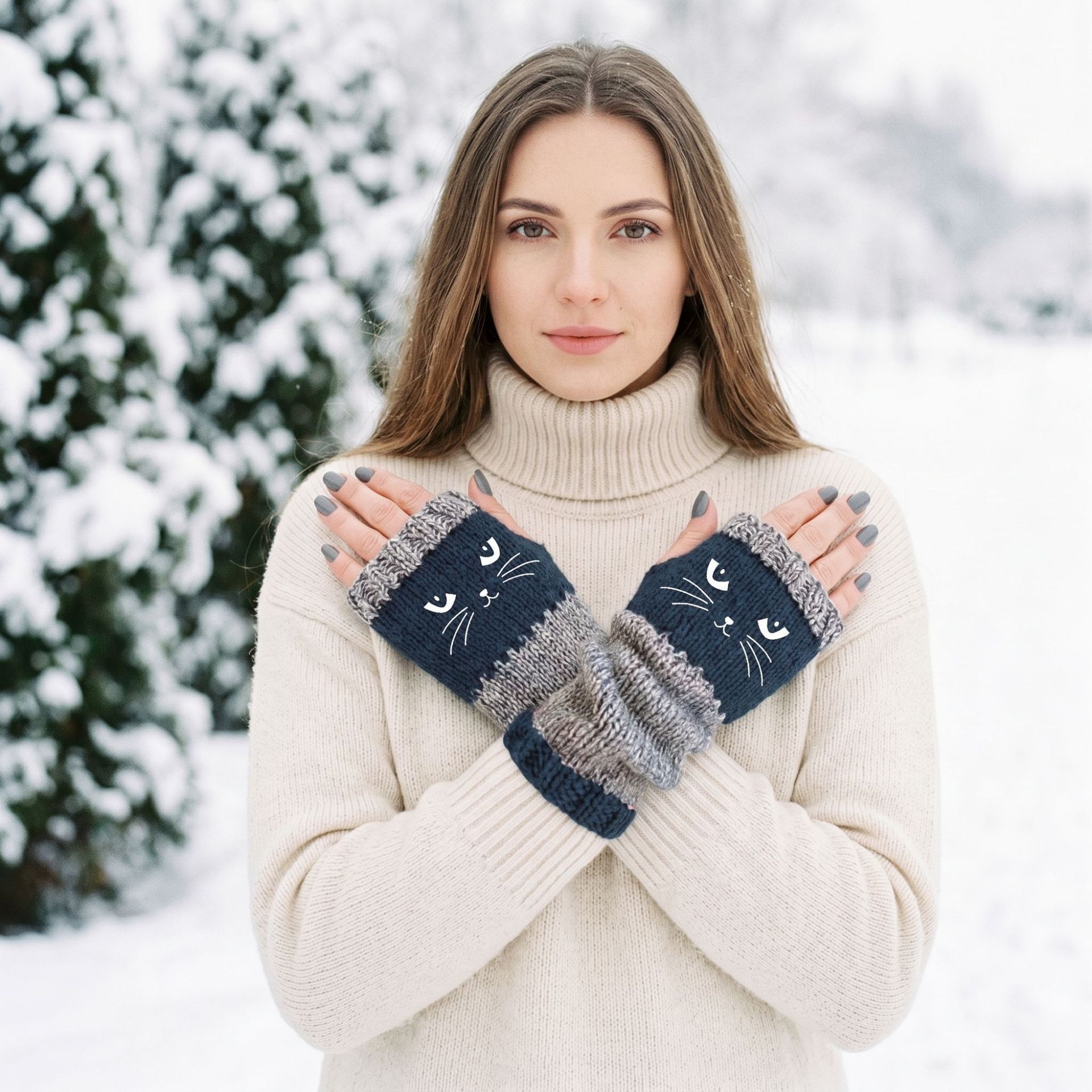 Warm Fashion Spliced Knit Half‑Finger Gloves Hand Protection Work Daily Accessory 2 Pcs Letter Purple Pattern Great Christmas Present — image 2
