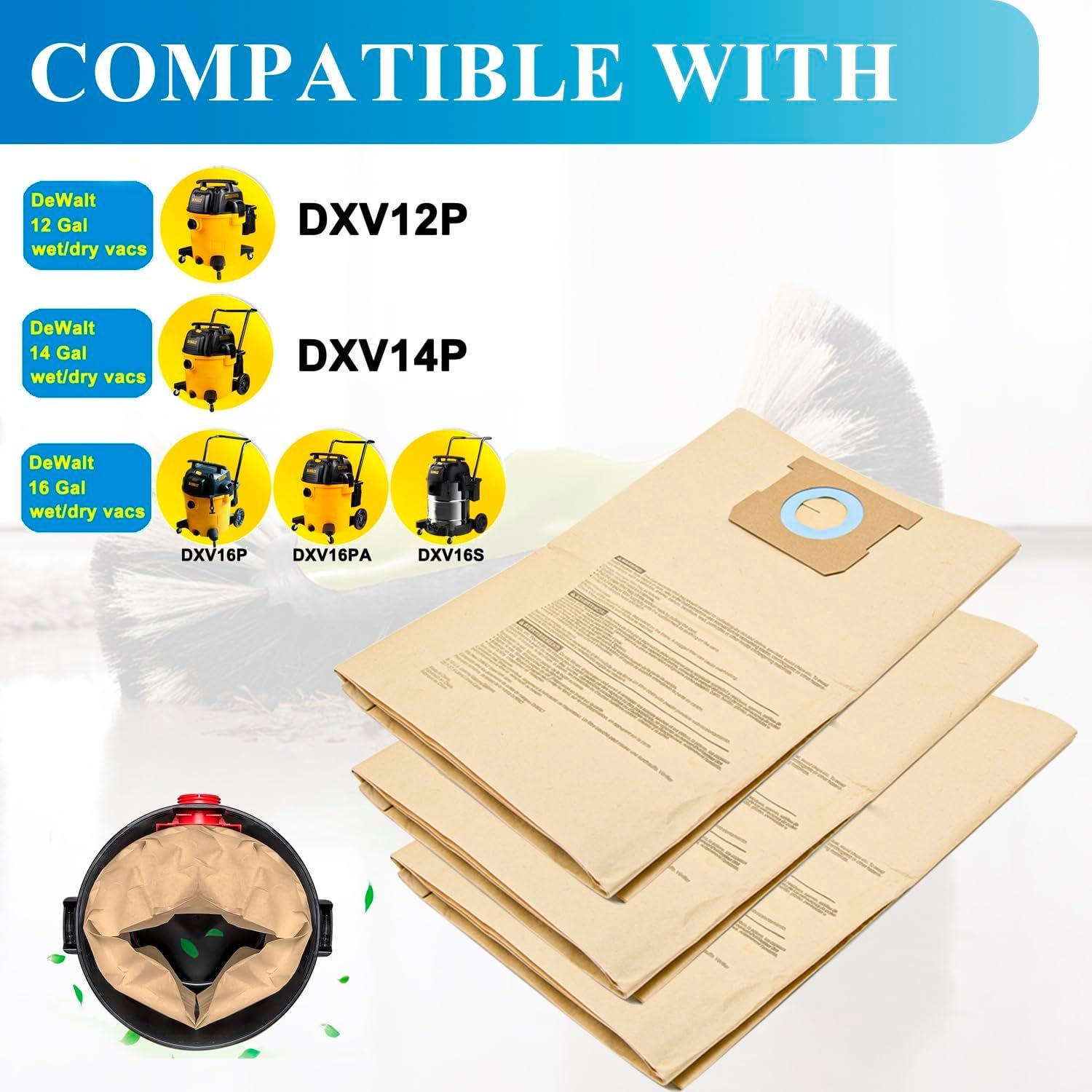 12 Pack DXVA19-4102 Dust Bags or DEWALT 12-16 Gallon Wet Dry Vacuum, Compatible with DXV12P DXV14P DXV16P DXV16PA DXV16S โ image 2