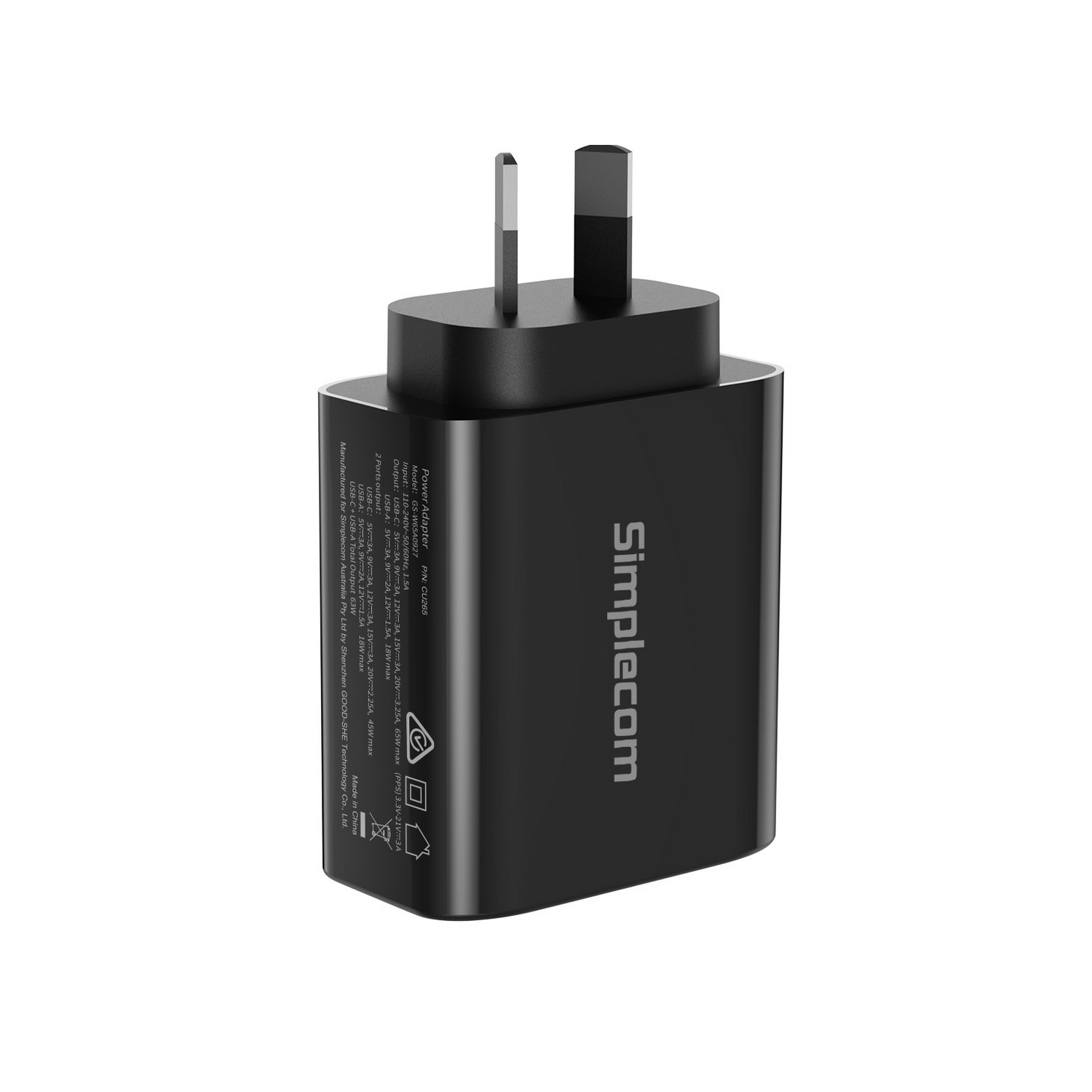Simplecom CU265 Dual Port PD 65W GaN Fast Wall Charger USB-C + USB-A for Phone Laptop โ image 3