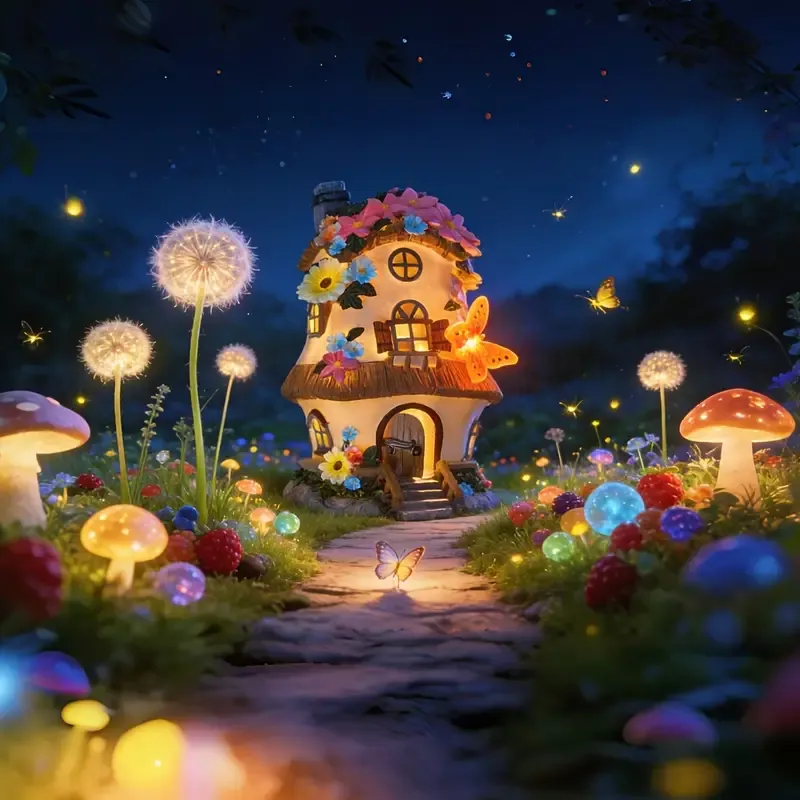 Butterfly Orange Mushroom Flower House Solar Light, resin waterproof fairytale design, automatic lighting for courtyard, garden, and lawn decoration โ image 2