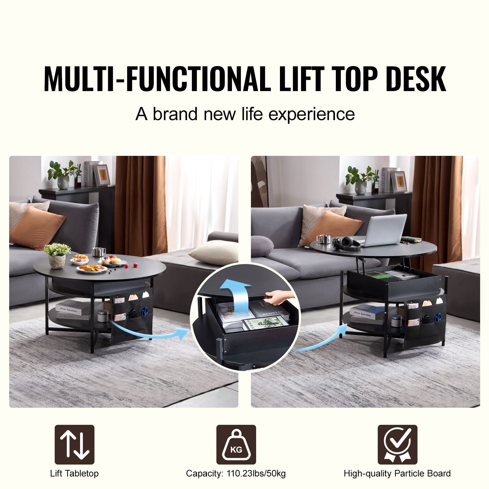 Lift Top Coffee Table 35.3" Round Coffee Table for Living Room Black โ image 2