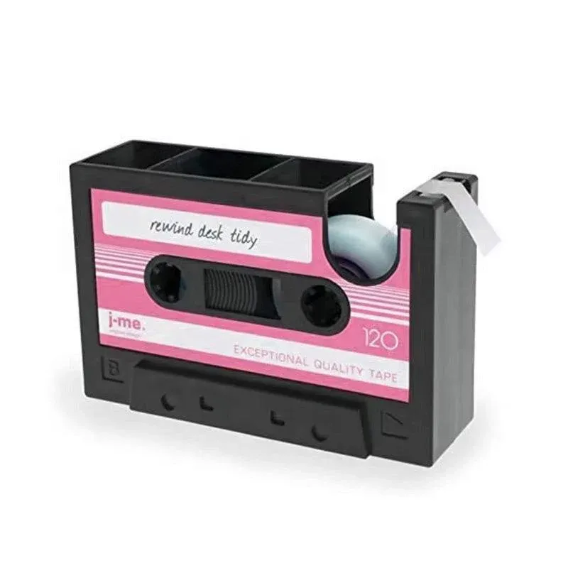 Retro Cassette Tape Style Pen Holder with Tape Dispenser Desktop Organizer - Pink