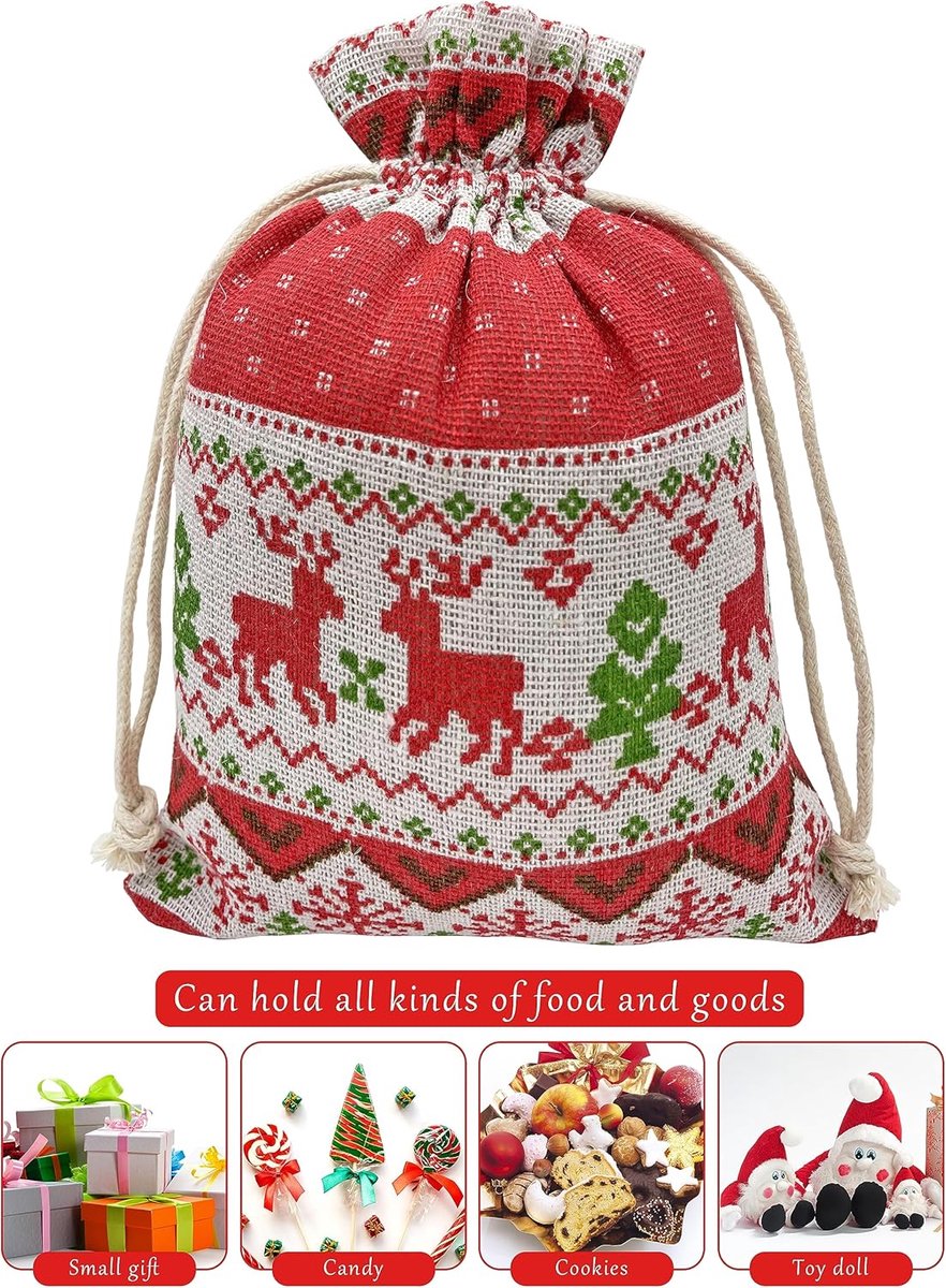 Christmas linen gift bags - 24 pieces - 10x14cm - Christmas decoration for indoors - Reusable - Christmas candy bags with drawstring - Suitable for โ image 6