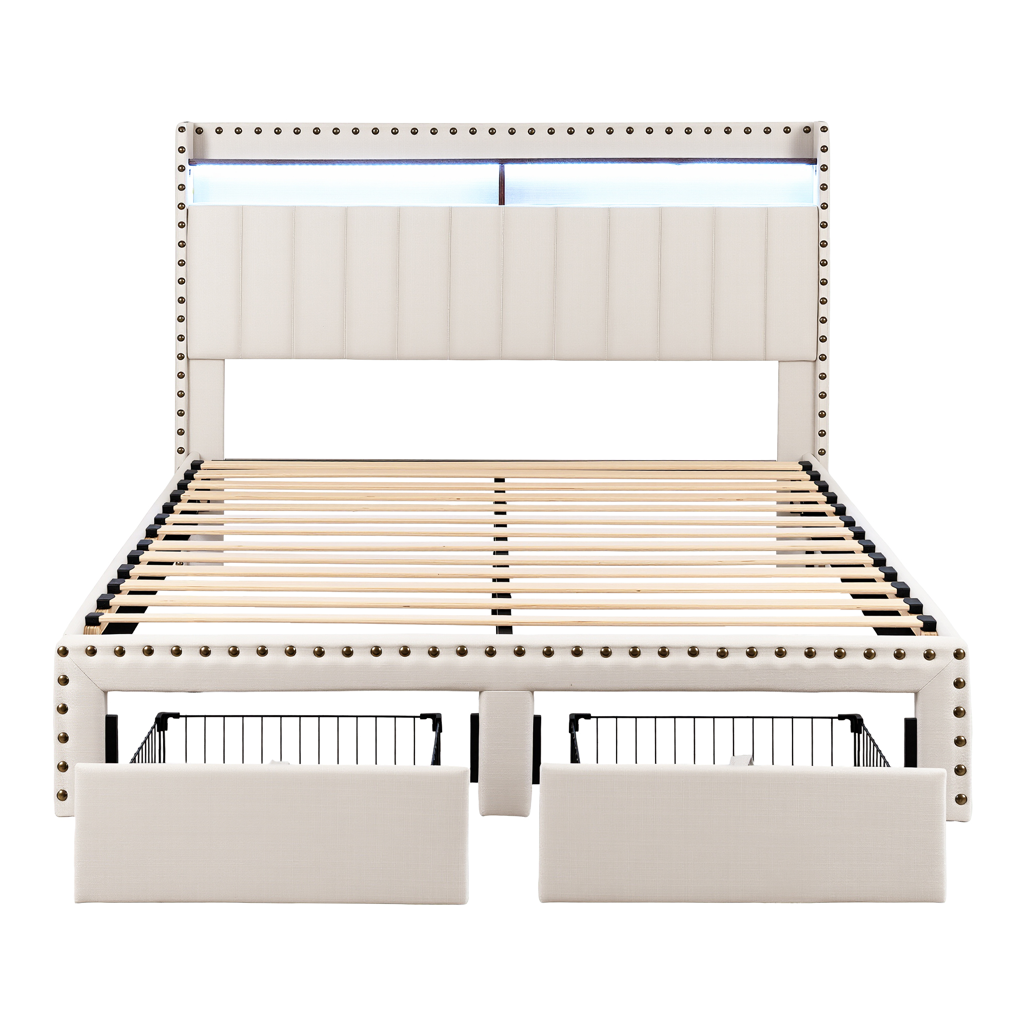 Artiss Queen Upholstered Bed Frame with Shelf Storage Drawers Charging Station Mood Lighting Linen โ image 3