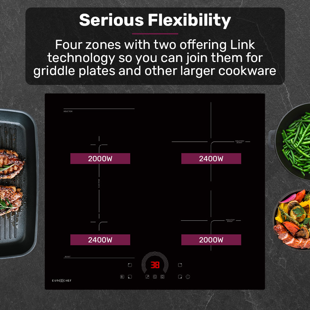 EUROCHEF 60cm 4 Zone Induction Cooktop, 7200W Electric, FlexZone Function, Touch Controls — image 3