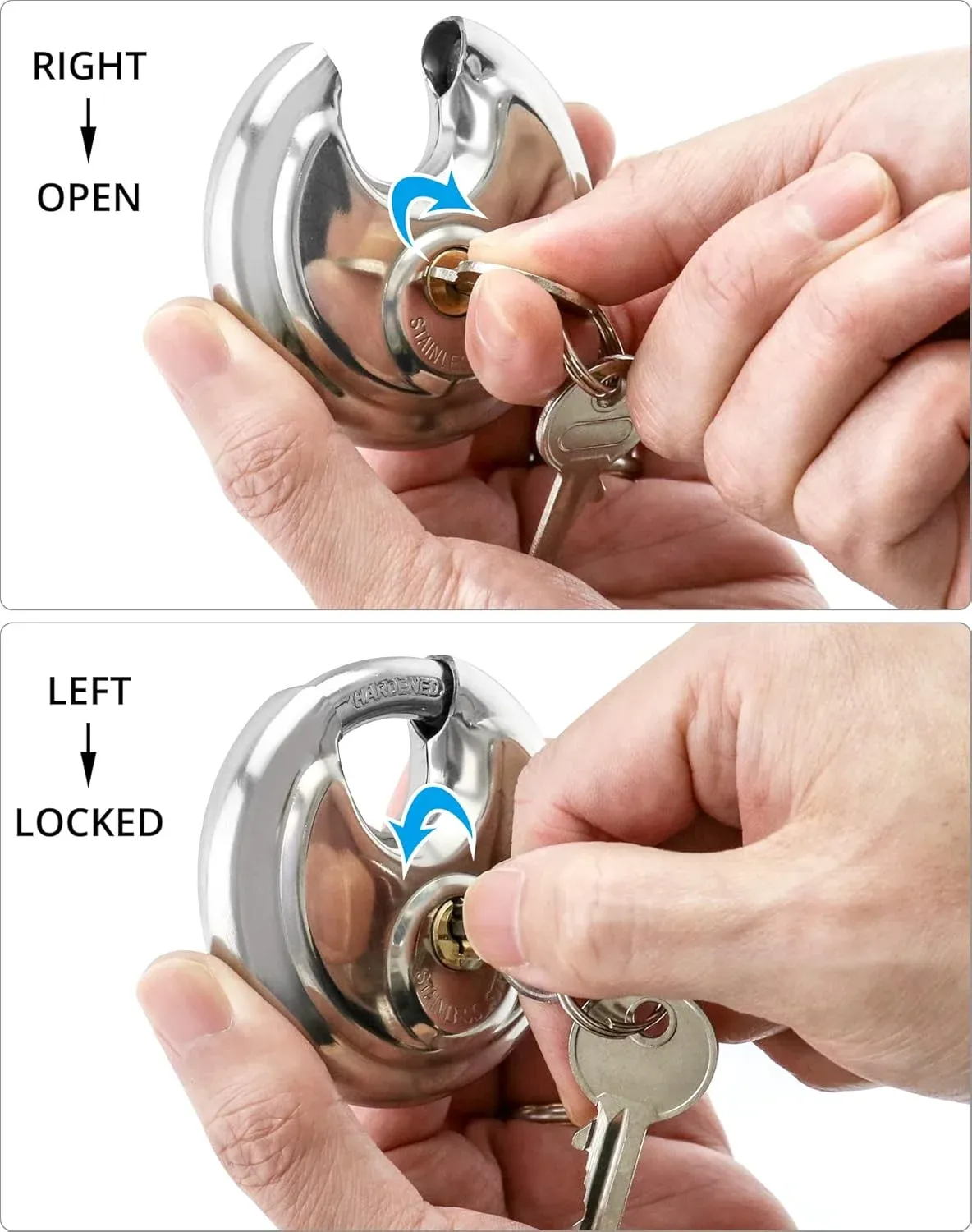Keyed Alike Disc Padlock 4 Pack, Stainless Steel Discus Lock with 3/8 Inch Shackle for Garages, Fences, Sheds, Storage Units, 2-3/4 In โ image 2