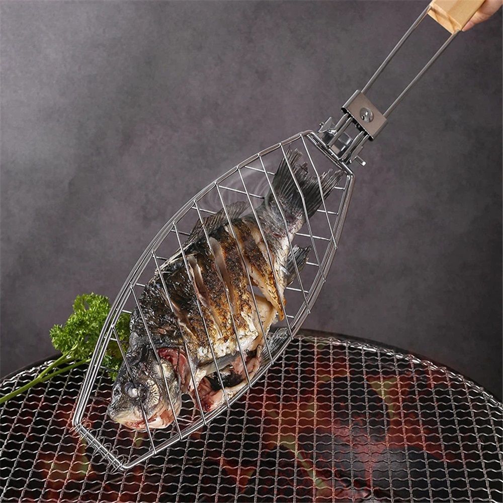 Stainless Steel BBQ Fish Basket, Large, Silver Large Fish Grilling Rack for Grill Fish Vegetables Shrimp, Folding Stainless Steel Grill Basket with Removable — image 3