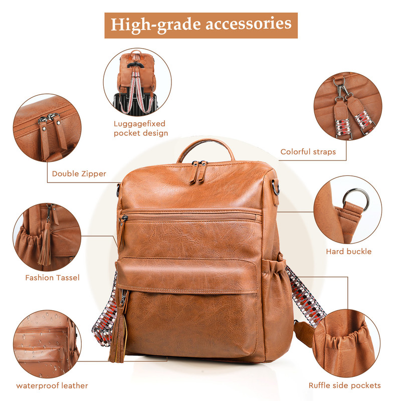 Coffee Fashionable Large-Capacity Women's Backpack - Waterproof, Durable, High-Quality PU Leather - Travel Backpack - Vintage-Style PU Leather Backpack — image 5