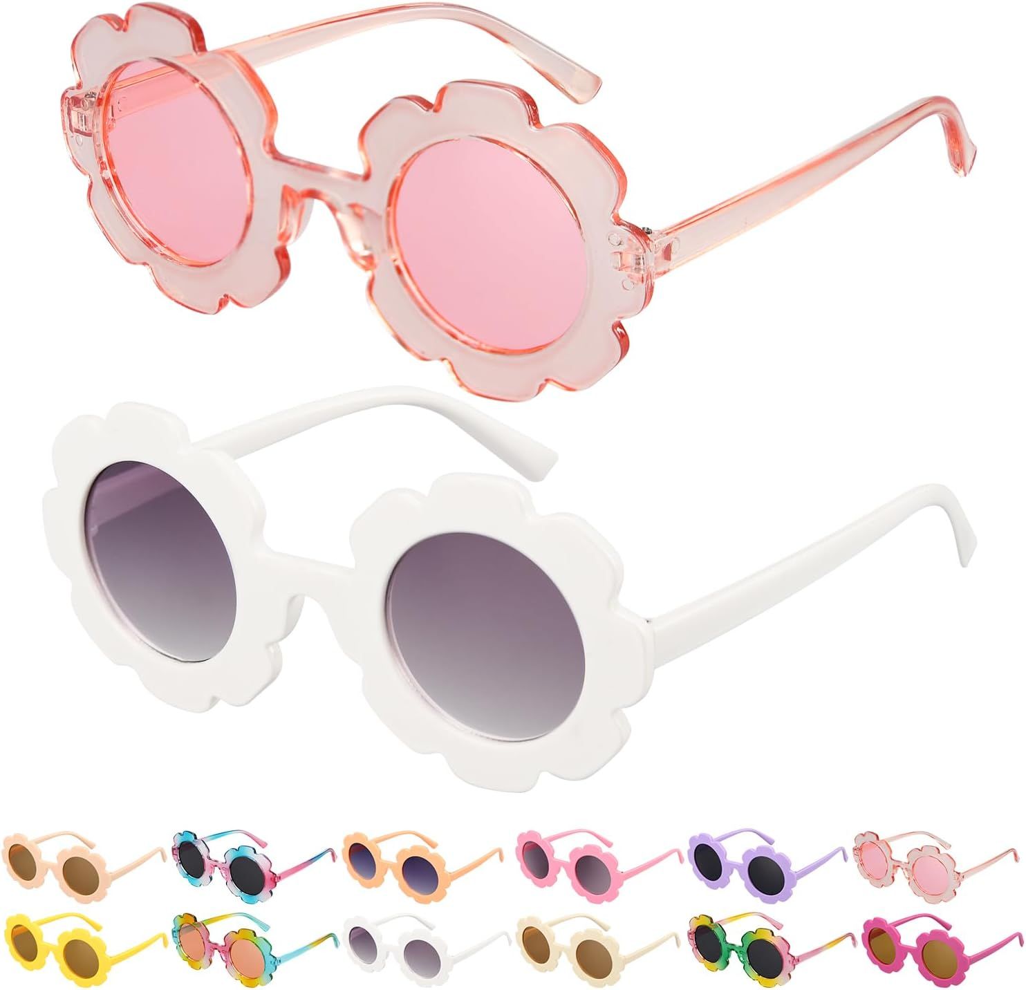 2 Pack Flower Shaped Kids Sunglasses, Round Outdoor Eyewear Set for Dress Up, Parties, Holidays, Photos and Everyday Sun Protection